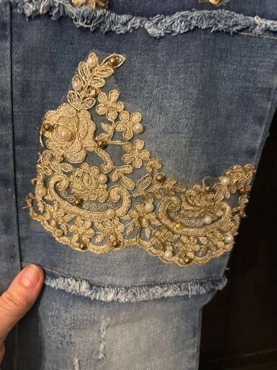 Women's Blue Distressed Jeans with Gold Embroidery - Picture 3 of 5